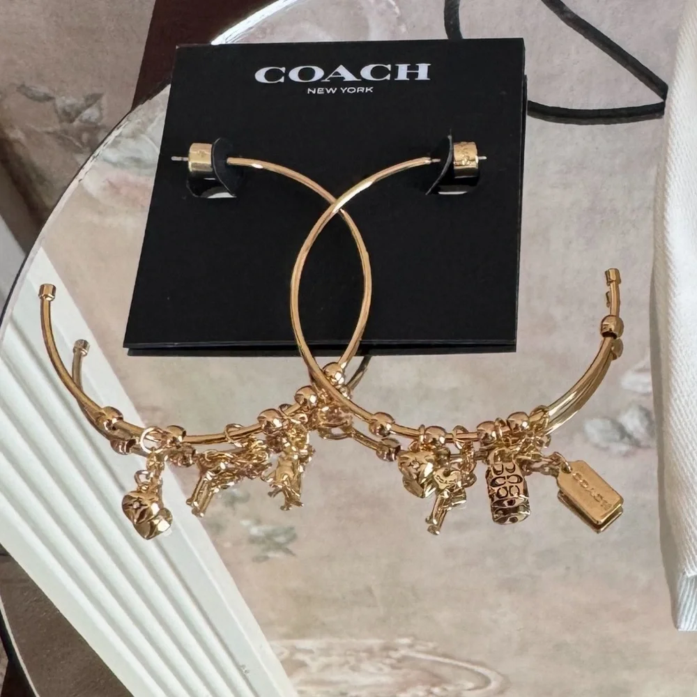 COACH DANGLE MULTI CHARM LARGE HOOP EARRINGS - Picture 7 of 8